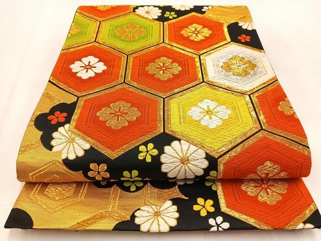 平和屋着物◎西陣 六通柄袋帯 唐織 亀甲花文 黒地 金銀糸 証紙付き