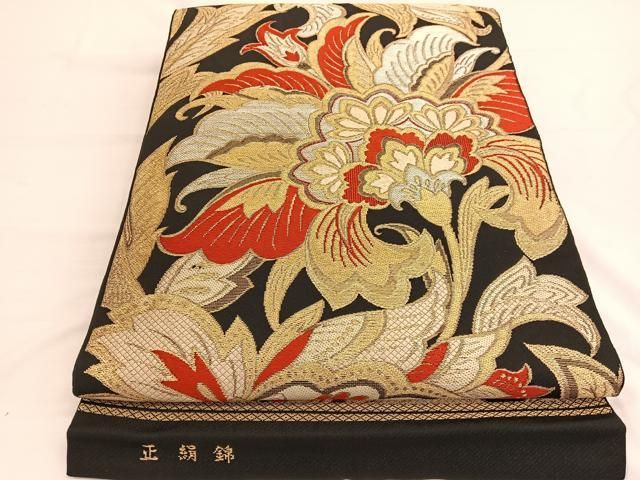 平和屋着物◎六通柄 本袋帯 唐織 更紗花文 黒地 金銀糸 正絹 逸品