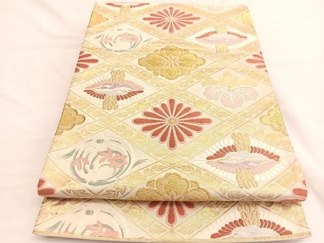 平和屋着物◎六通柄袋帯 唐織 菱天井双鶴花文 金糸 正絹 逸品