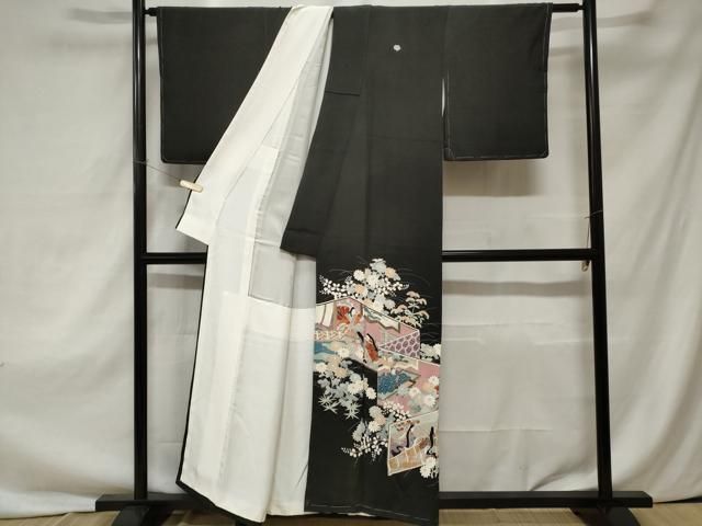 平和屋着物□豪華黒留袖 手描き 刺繍 人物屏風草花文 正絹 逸品 未使用