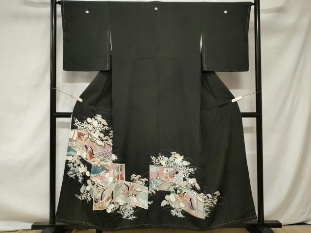 平和屋着物□豪華黒留袖 手描き 刺繍 人物屏風草花文 正絹 逸品 未使用