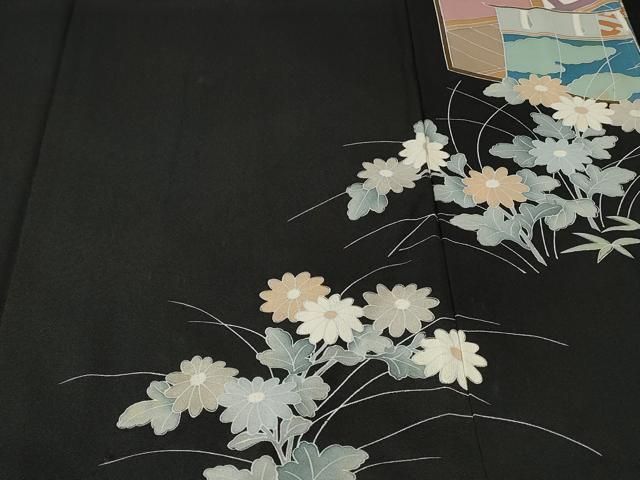 平和屋着物□豪華黒留袖 手描き 刺繍 人物屏風草花文 正絹 逸品 未使用
