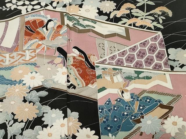 平和屋着物□豪華黒留袖 手描き 刺繍 人物屏風草花文 正絹 逸品 未使用