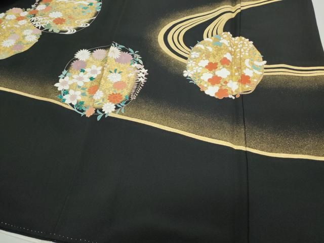 平和屋着物▽豪華黒留袖 駒刺繍 流水花丸文 金彩 正絹 逸品 CABB6877th