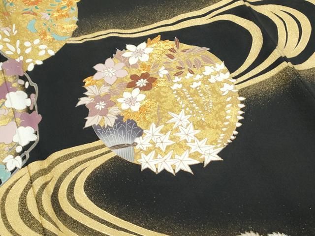 平和屋着物▽豪華黒留袖 駒刺繍 流水花丸文 金彩 正絹 逸品 CABB6877th