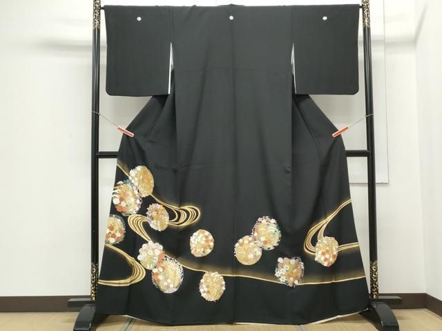 平和屋着物▽豪華黒留袖 駒刺繍 流水花丸文 金彩 正絹 逸品 CABB6877th