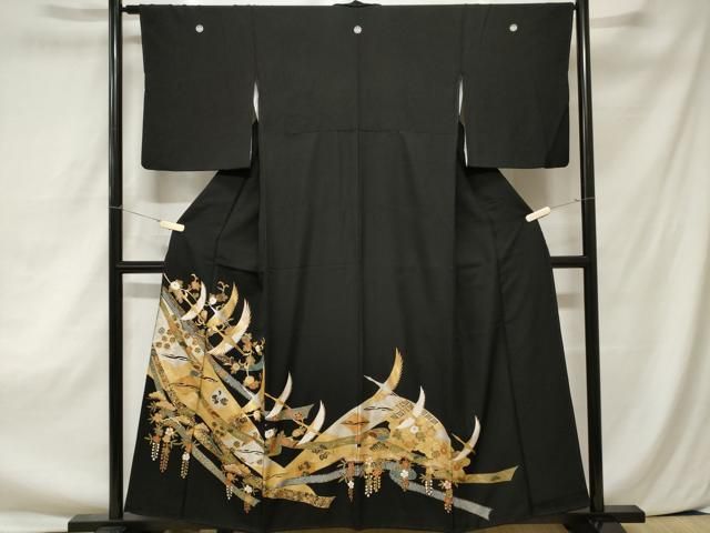 平和屋着物□豪華黒留袖 駒刺繍 双鶴 飛鶴藤花房文 金銀彩 正絹 逸品