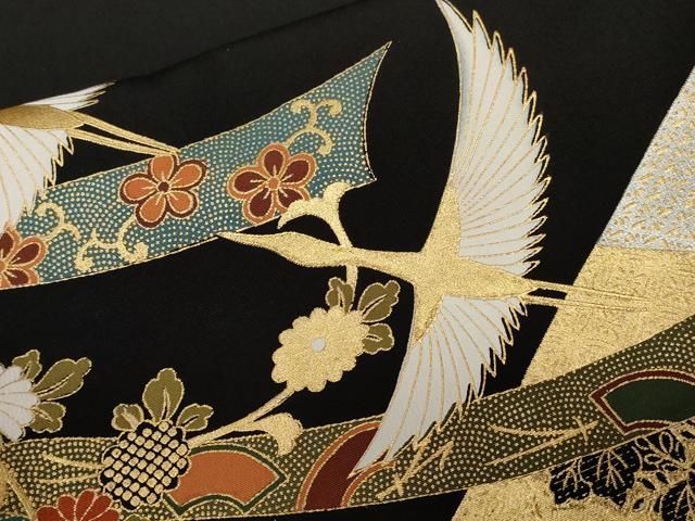 平和屋着物□豪華黒留袖 駒刺繍 双鶴 飛鶴藤花房文 金銀彩 正絹 逸品