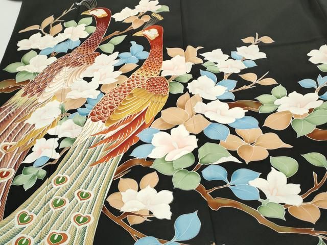 平和屋着物▽豪華黒留袖 駒刺繍 孔雀枝花文 金銀糸 正絹 逸品