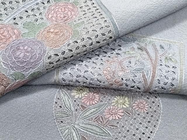 平和屋着物▽中国三大刺繍 スワトウ刺繍 総刺繍 訪問着 色紙重ね草花文