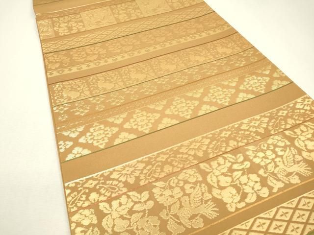 平和屋着物▽六通柄袋帯 横段花鳥文 花兎 金糸 正絹 逸品 未使用