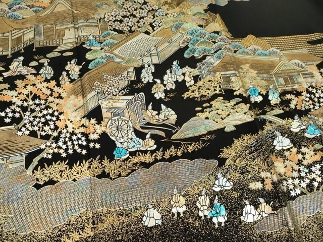 平和屋着物□豪華黒留袖 本金螺鈿 平安絵巻 人物風景文 金彩 正絹 逸品