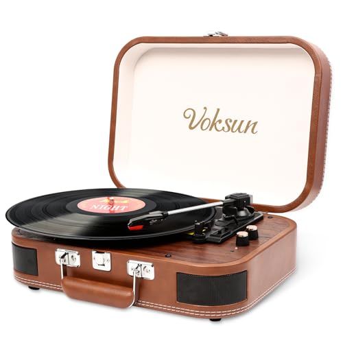 VOKSUN レコードプレーヤー Bluetooth送信と受信 USB録音 外部スピーカーに繋ぎ 33|45|78回転と7|10|12インチレコード対応 スピーカー内蔵 レトロ 日本語説明書 ブラウン 2年保障 S 300 po 06 cc 6257