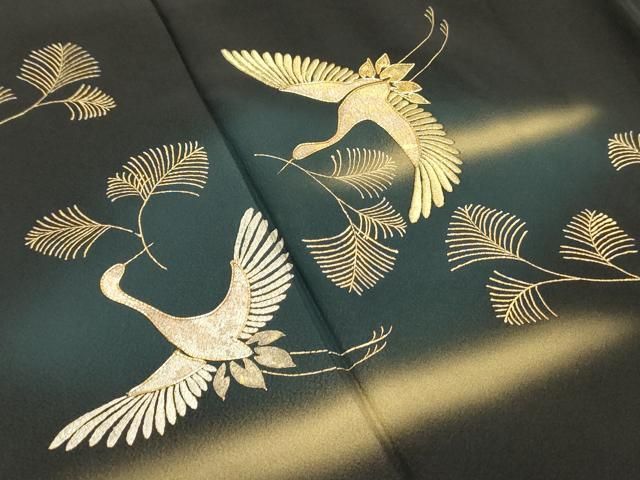 平和屋着物□豪華黒留袖 駒刺繍 鶴 亀 松葉文 暈し染め 金銀彩 正絹