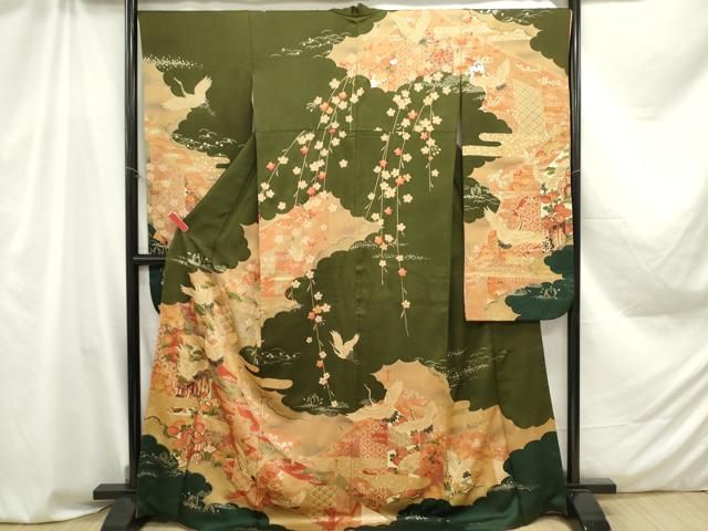 平和屋着物□豪華振袖 駒刺繍 群鶴道長吉祥花松文 金彩 正絹 逸品