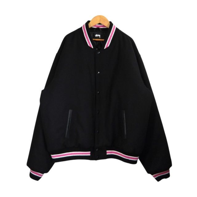 ステューシー サイズ:M  22AW  TALK MEKTON VIRSITY JACKET バック刺繍ウールバーシティブルゾン 中古 FK04 STUSSY S TALK MELTON VARSITY JACKET BLACK サイズXXL 115665