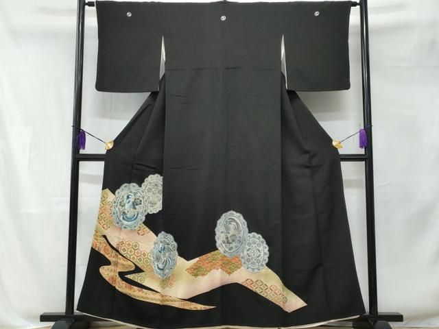 平和屋着物□豪華黒留袖 駒刺繍 絵皿鳳凰花文 暈し染め 金彩 正絹 逸品