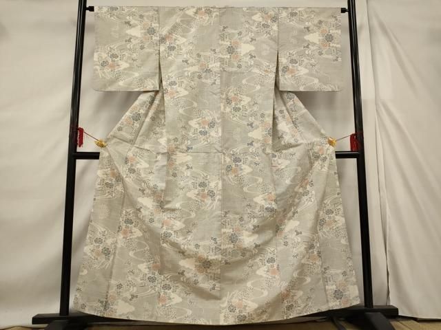 平和屋着物□本場大島紬 白大島 9マルキ 流水草花文 正絹 逸品