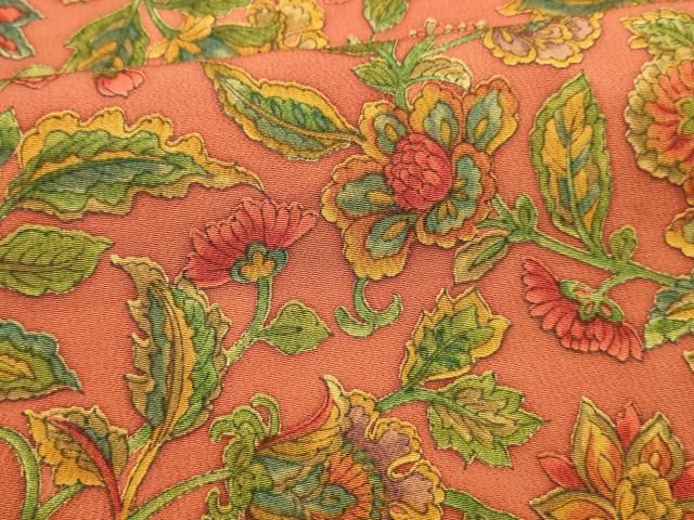 平和屋着物□上質な小紋 更紗花唐草文 鬼しぼ縮緬 正絹 逸品 未使用