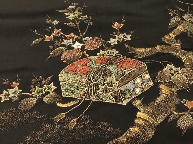 平和屋着物＃羽織　寿光織　破れ色紙枝花文　黒地　金銀糸　正絹　逸品　未使用　CAAT5722id 平和屋着物＃羽織 寿光織 文箱枝花文 黒地 金糸 正絹 逸品 未使用