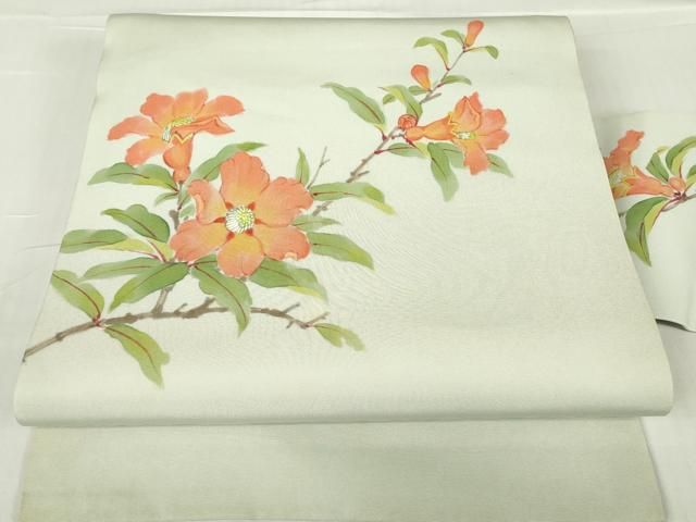 平和屋着物▽塩瀬 九寸名古屋帯 枝花文 手描き 正絹 逸品 DABA4161az