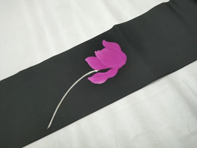 平和屋着物▽塩瀬 九寸名古屋帯 枝花文 黒地 金彩 正絹 逸品