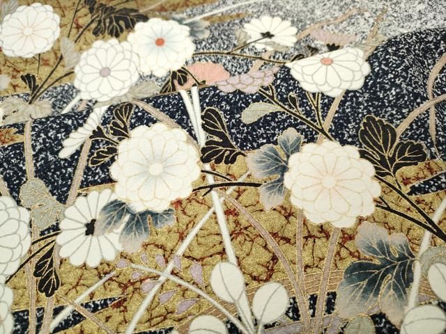 平和屋着物▽訪問着 草花文 たたき染め 黒地 金彩 正絹 逸品