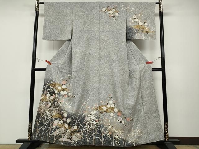 平和屋着物▽訪問着 草花文 たたき染め 黒地 金彩 正絹 逸品