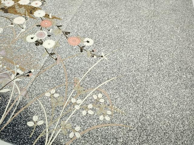 平和屋着物▽訪問着 草花文 たたき染め 黒地 金彩 正絹 逸品