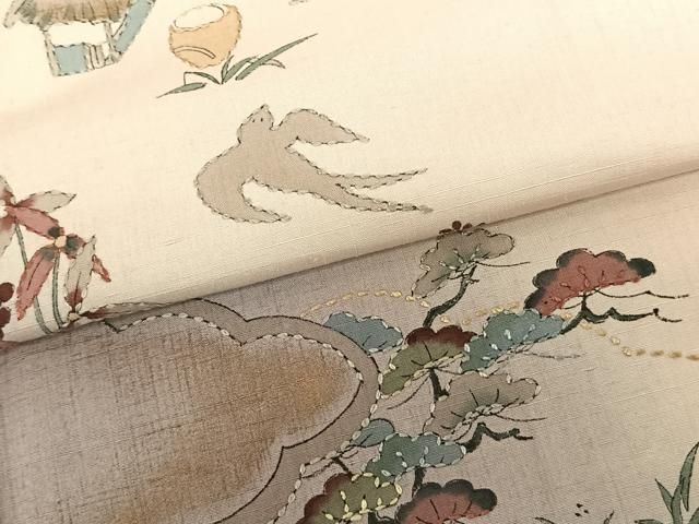 平和屋着物▽訪問着 紬地 手描き 風景花鳥文 燕 暈し染め 正絹 逸品