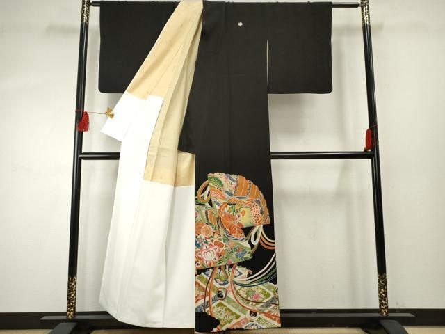 平和屋着物▽豪華黒留袖 両褄 吉祥花鳥文 金彩 正絹 逸品 AABF1060cs