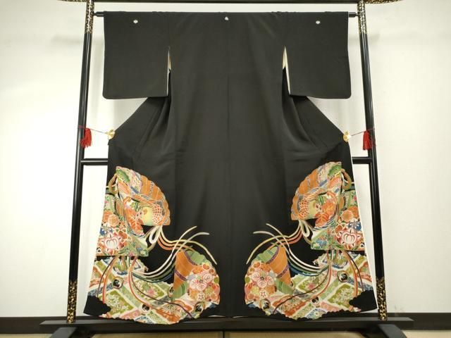 平和屋着物▽豪華黒留袖 両褄 吉祥花鳥文 金彩 正絹 逸品 AABF1060cs