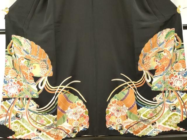 平和屋着物▽豪華黒留袖 両褄 吉祥花鳥文 金彩 正絹 逸品 AABF1060cs