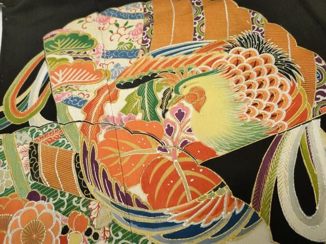 平和屋着物▽豪華黒留袖 両褄 吉祥花鳥文 金彩 正絹 逸品 AABF1060cs