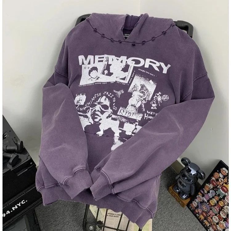 ♥ h ユニセックス 春秋対応 重厚生地 アメリカンヴィンテージ × ハイストリート ウォッシュ加工 ダメージ風 破れプリント フーディー ビッグシルエット プルオーバー パーカー 男女兼用