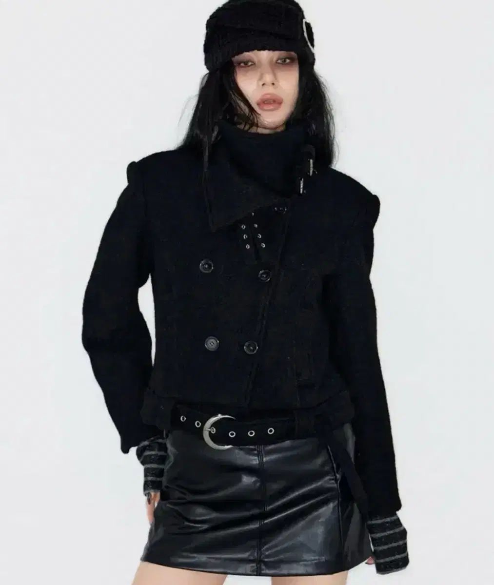 낫노잉 ダブル ボタン ハイネック ウール ジャケット ショート コート ブラック