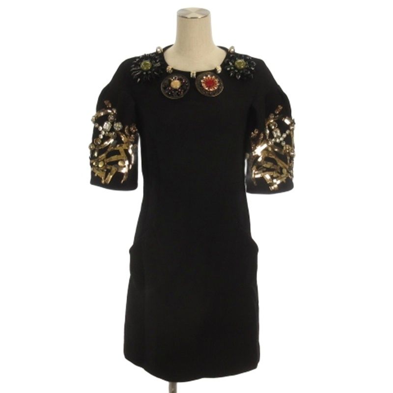 マルニ MARNI ビジュー ワンピース ひざ丈 五分袖 ブラック 38 □TC