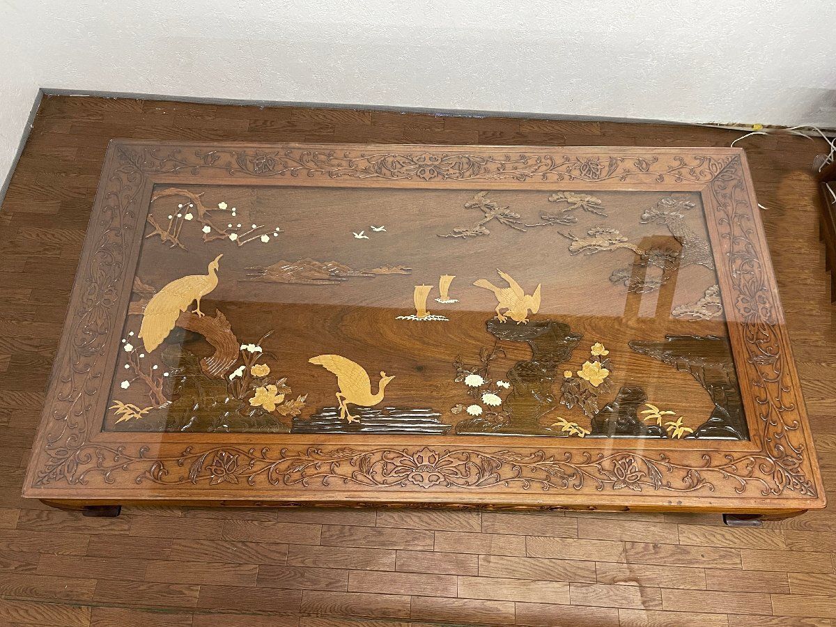 ●唐木家具 花鳥図彫刻 ガラス天板付き座卓 ローテーブル センターテーブル 座敷机 和製ヴィンテージ 和家具 貝1397