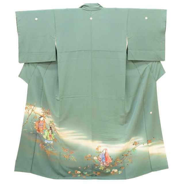 色留袖 リサイクル着物 正絹 絹 Mサイズ ちょっとふくよかL 特品 身丈156 cm 裄丈66.8 袷 仕立て上がり 三つ紋 落款有り 作家物 金彩 緑 童 SILK シルク リユース uu 2298 b