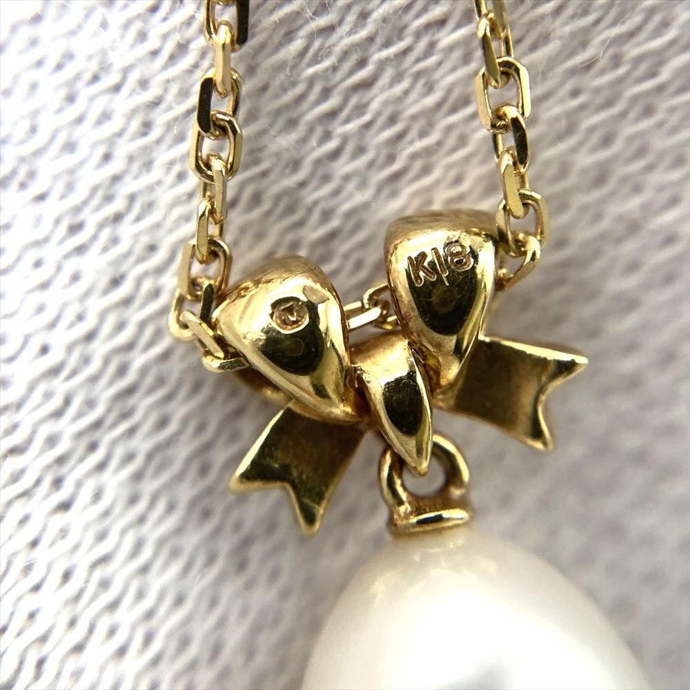 お値下げしました^_^ミキモト　リボンパールネックレス お値下げ】ミキモト K18 真珠パールネックレス リボン 専用箱つき