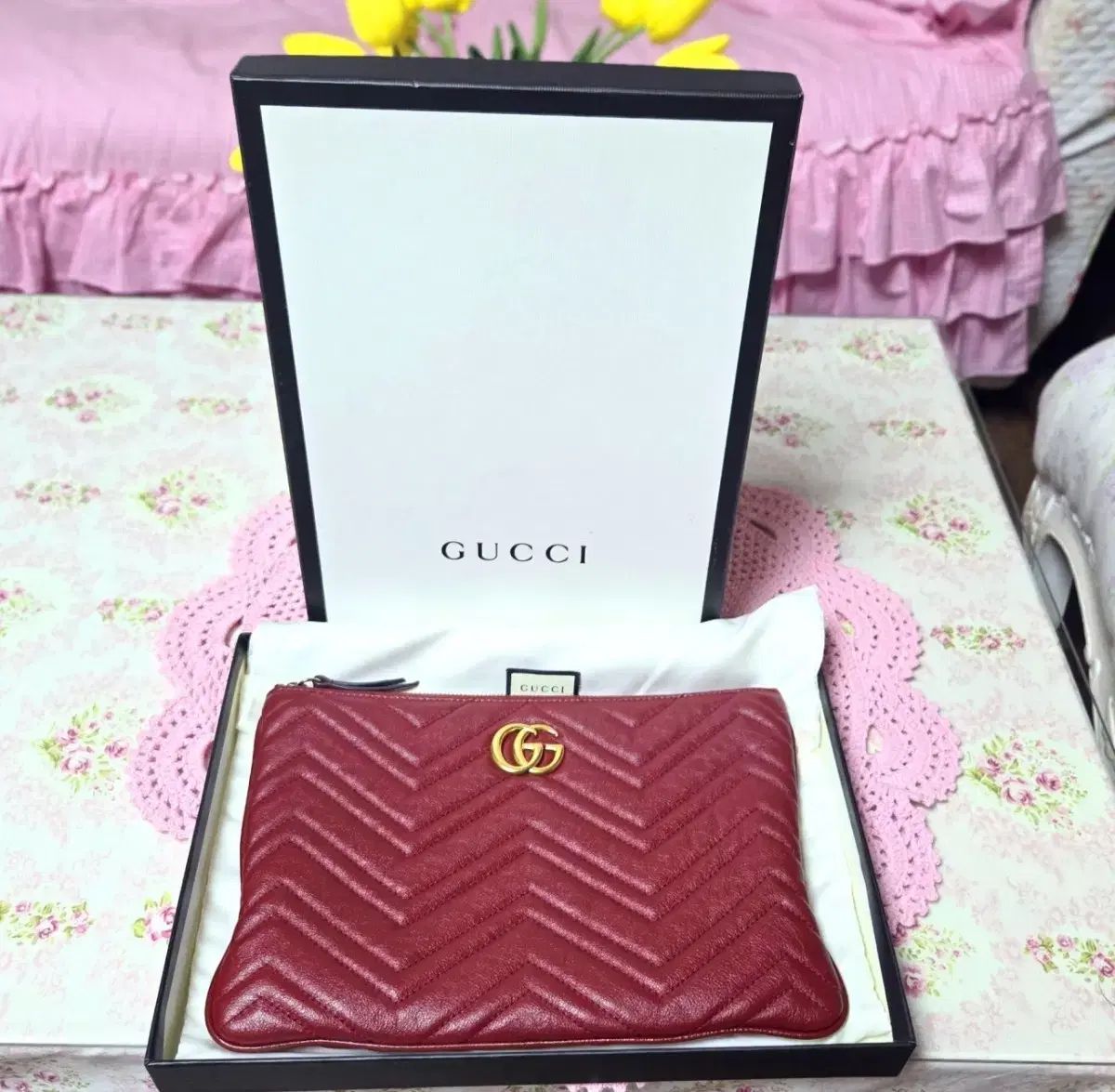 店舗 グッチ マーモント マトラッセ クラッチバッグ バーガンディ