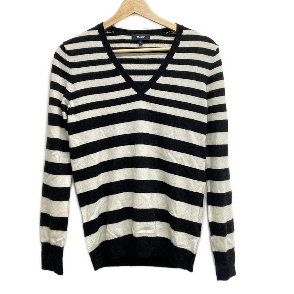 theory セオリー 長袖セーター サイズS レディース - 黒×アイボリー Vネック|カシミヤ|ボーダー