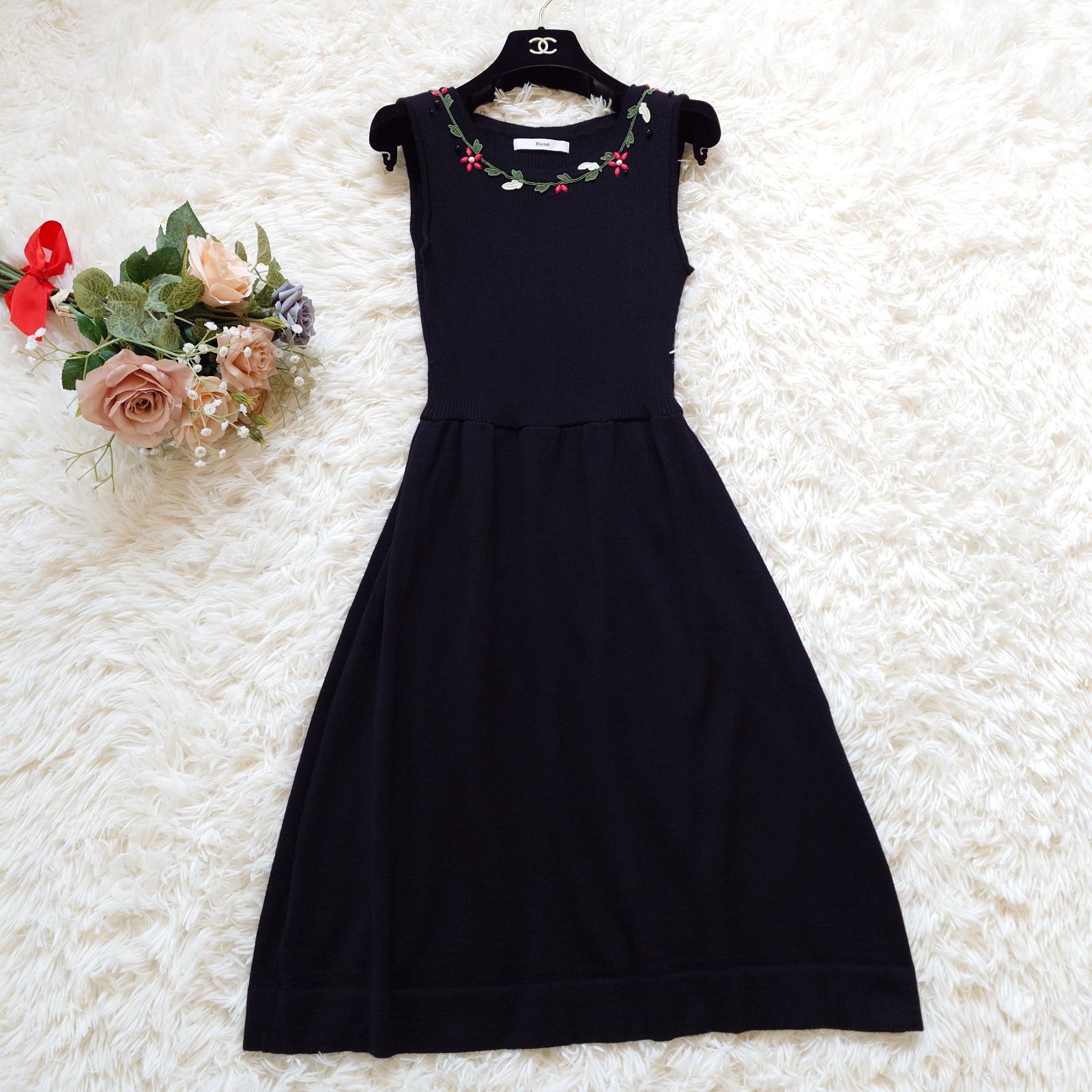 ルネ Rene ニット ワンピース ノースリーブ フレア 花柄 フラワー