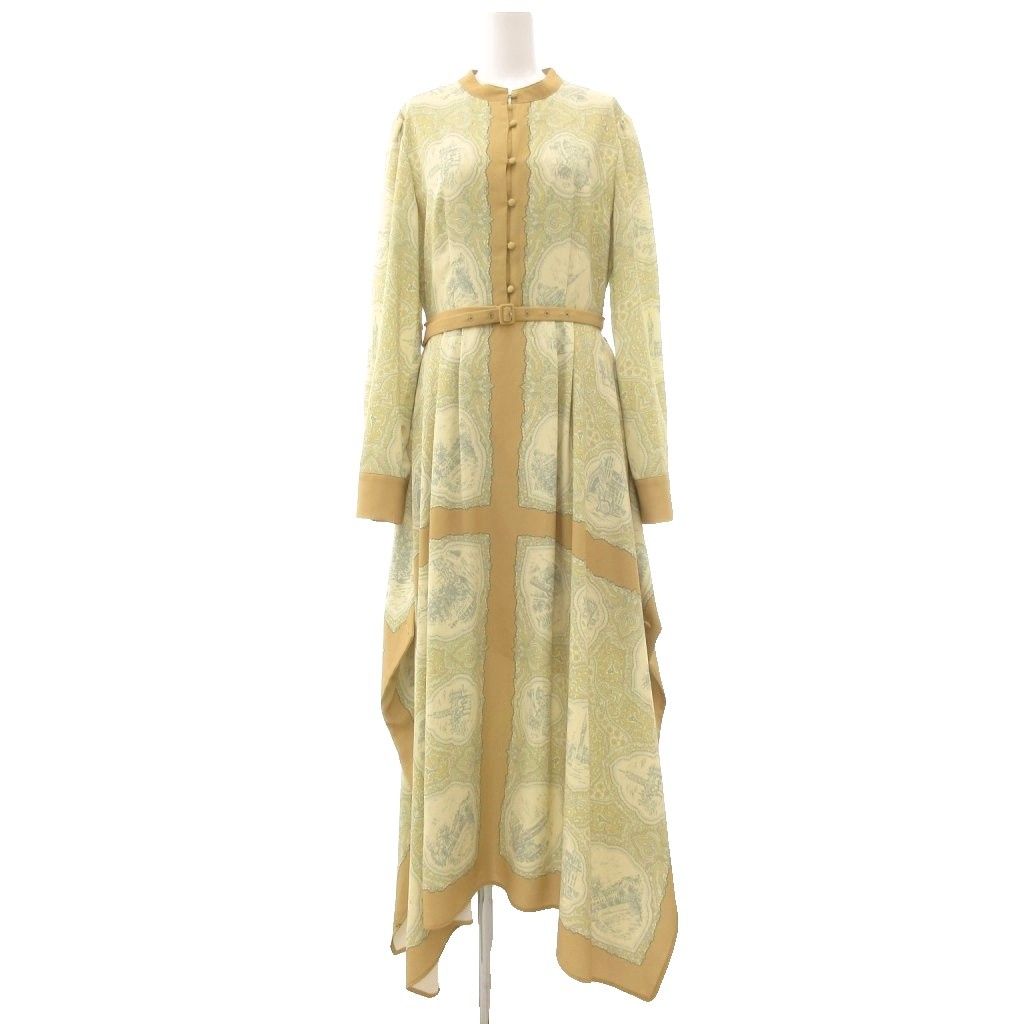 アメリヴィンテージ Ameri VINTAGE スカーフ ドレス ワンピース 総柄プリント 長袖 ベルト付き M イエローベージュ系 |UO GY 59