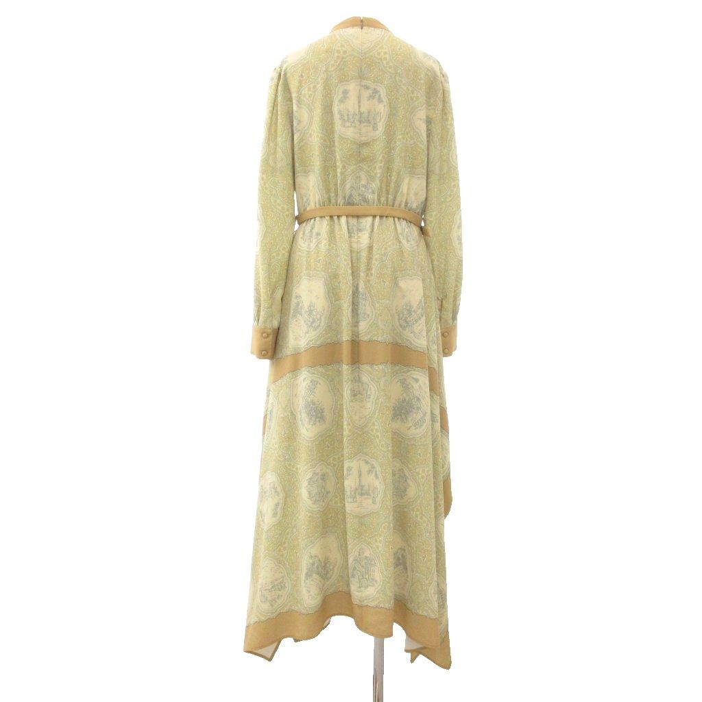 アメリヴィンテージ Ameri VINTAGE スカーフ ドレス ワンピース 総柄プリント 長袖 ベルト付き M イエローベージュ系 |UO GY 59