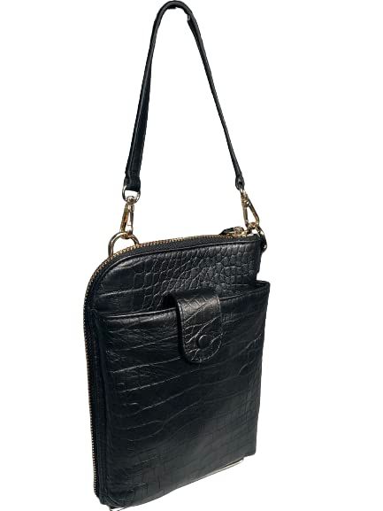 スマホケース付き 3 WAY スマホポシェット トラベルポシェット コインケース付き 牛本革 クロコダイル型押し レディース メンズ 00011 BKブラック スマホポーチ トラベルポーチ レジャーポーチ レジャーポシェット