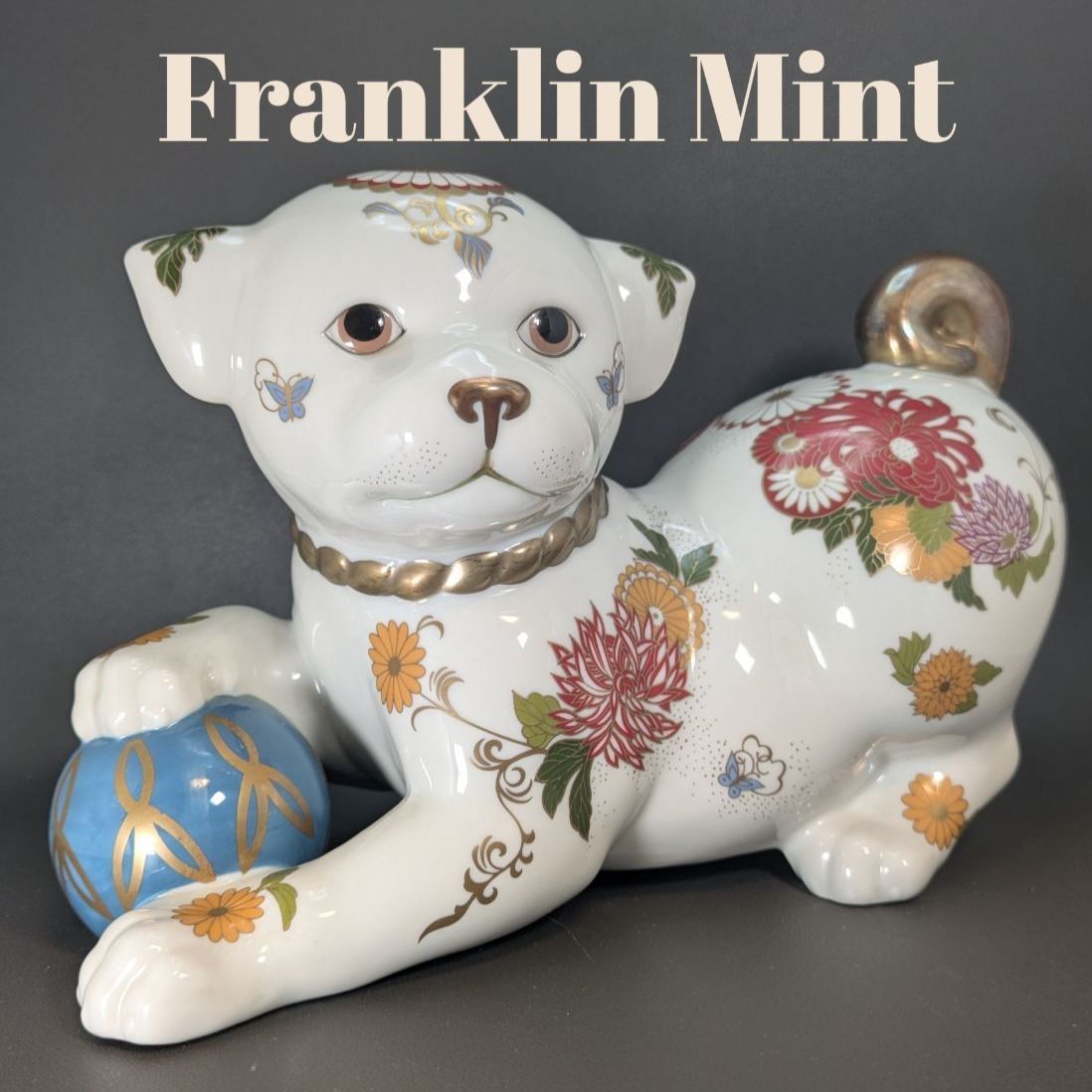 日本製 縁起物 フランクリンミント 犬 置物 薩摩焼 花柄 陶器人形 アンティーク 金彩 魔除け 安産 玄関 インテリア DOG