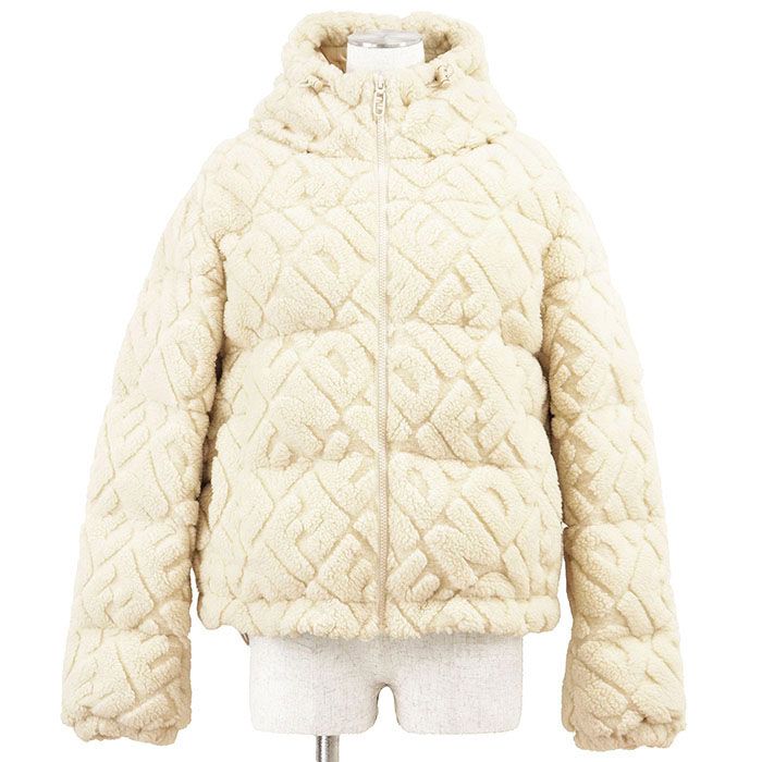 FENDI フェンディ ダウンジャケット ボア キャメル x ウール 2025年製 FF ロゴ 総柄 フーディー パデッド 中綿 ショート アウター ハンガー付属 レディース サイズ S アイボリー イタリア製