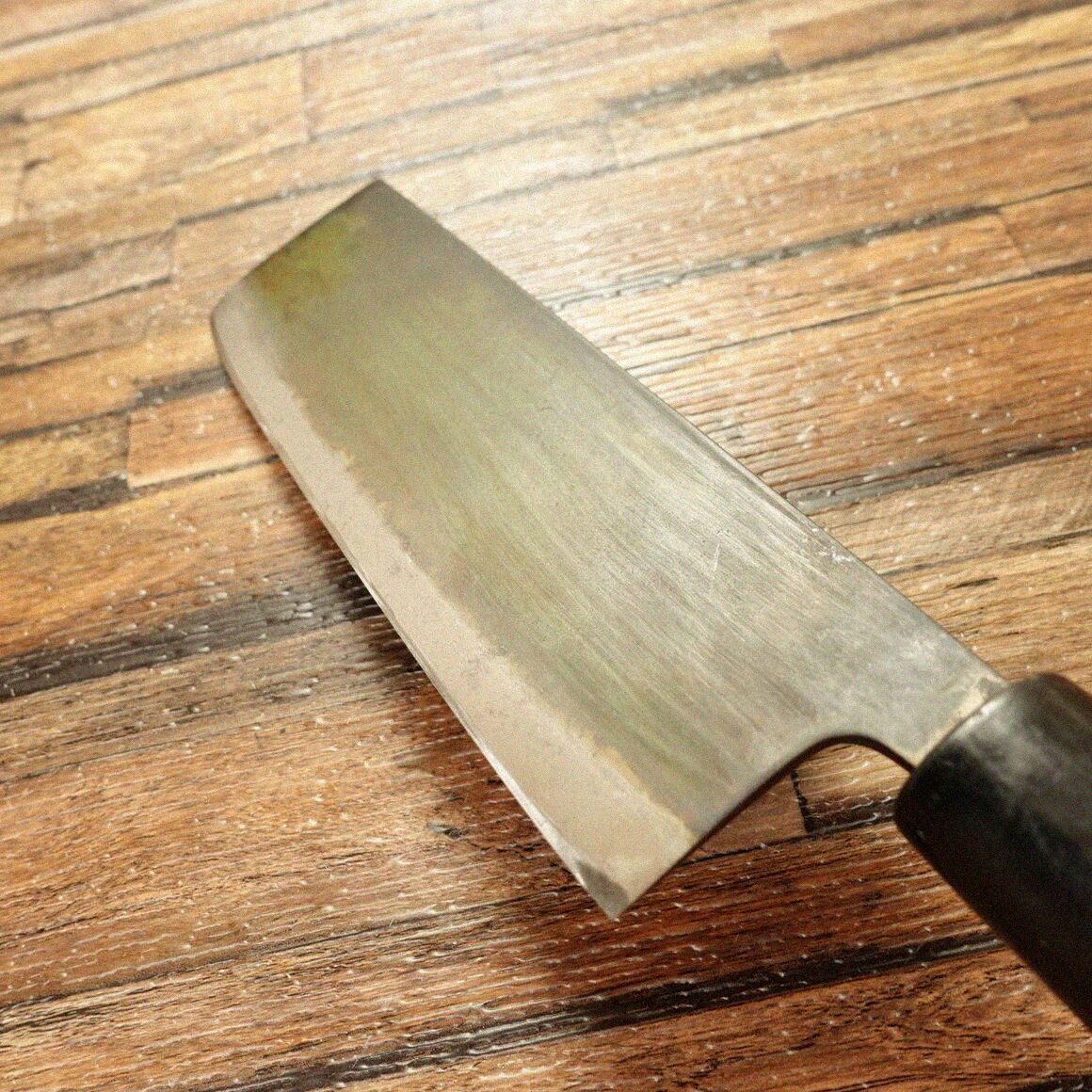 力宗 菜切包丁 研ぎ済 黒錆仕上げ ハガネ 菜切り 両刃 シール残 160mm