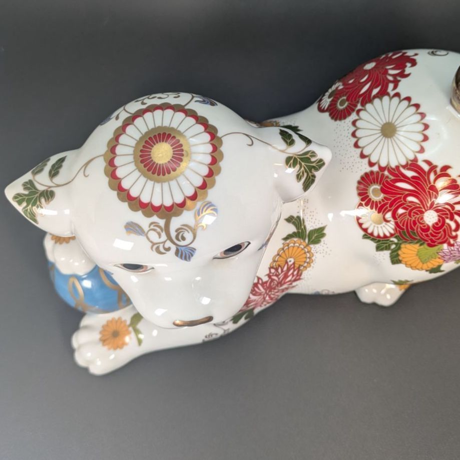 日本製】縁起物 フランクリンミント 犬 置物 薩摩焼 花柄 陶器人形